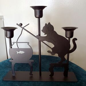 Cat Candelabra 1980's Penco Black Metal Fishing In Fishbowl 3 Candle Holder